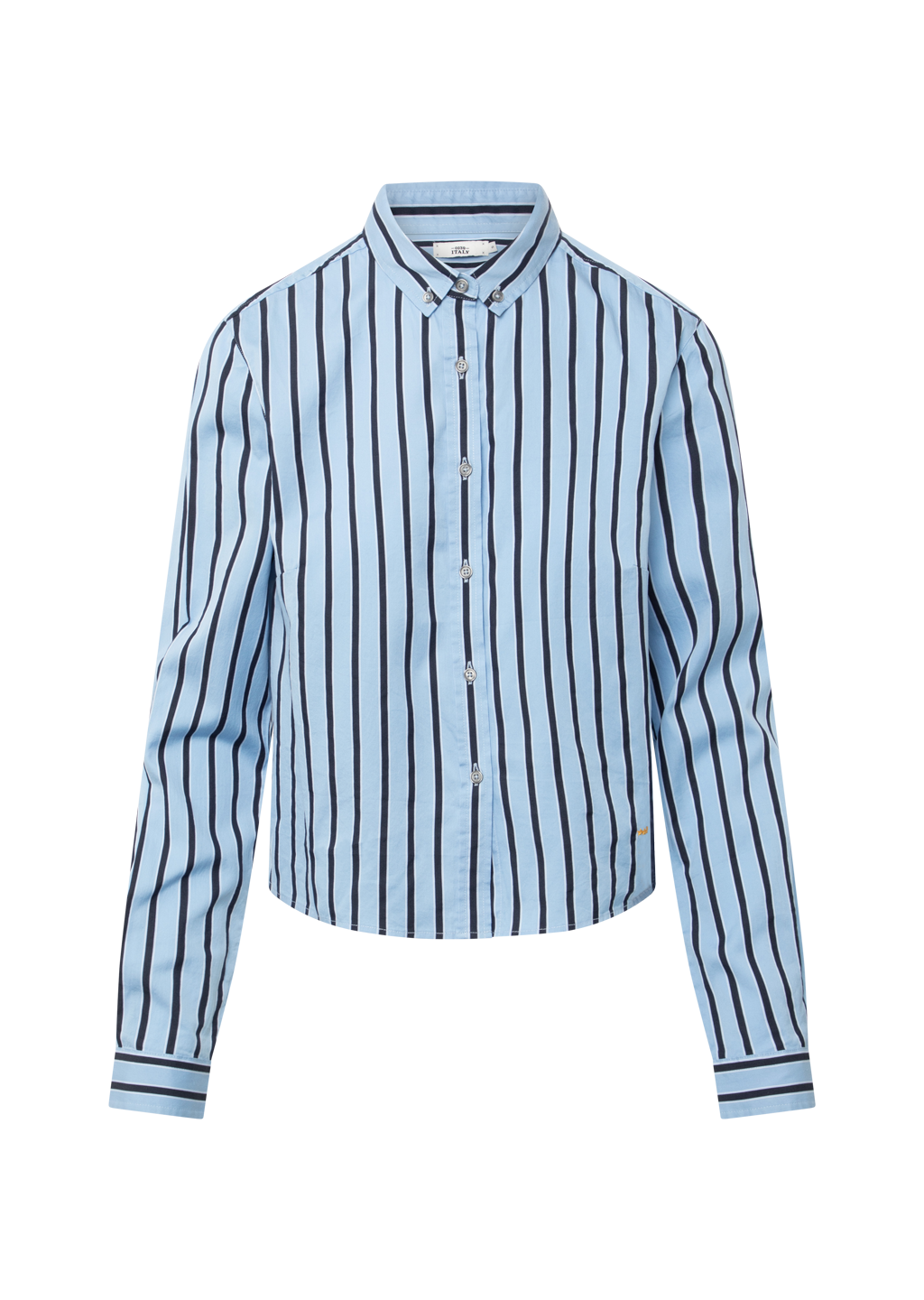 A light blue long-sleeve button-up shirt with vertical navy stripes, featuring a pointed collar and button-down front, shown on a plain white background.
