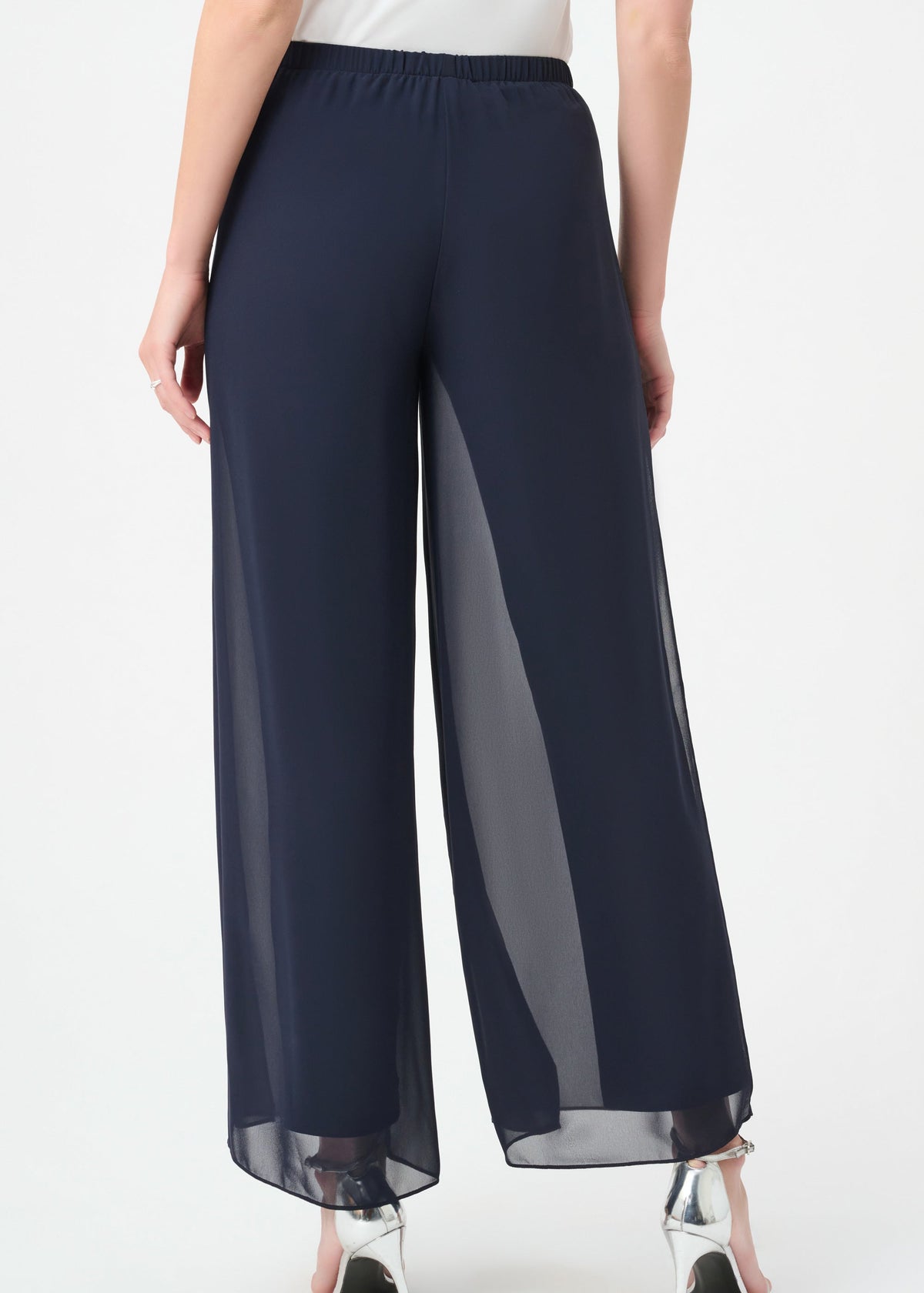 Navy blue wide-leg pants with sheer panels worn by a person on a white background