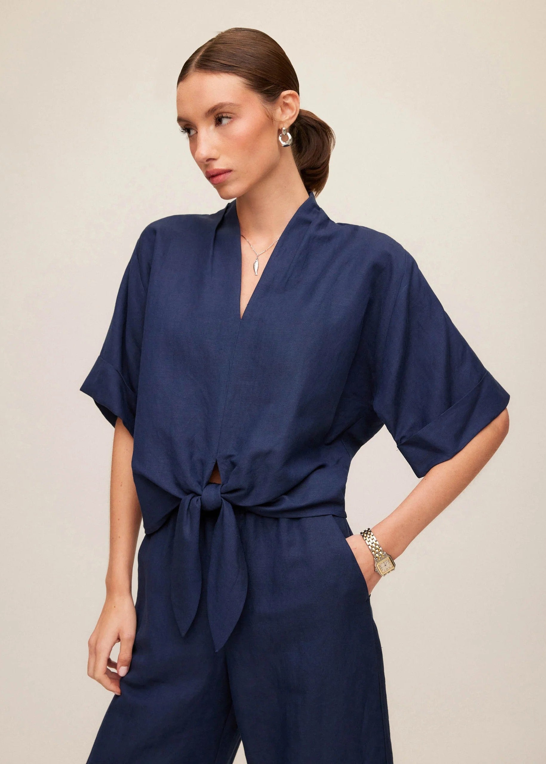 Janice Tie Front Top - Navy
