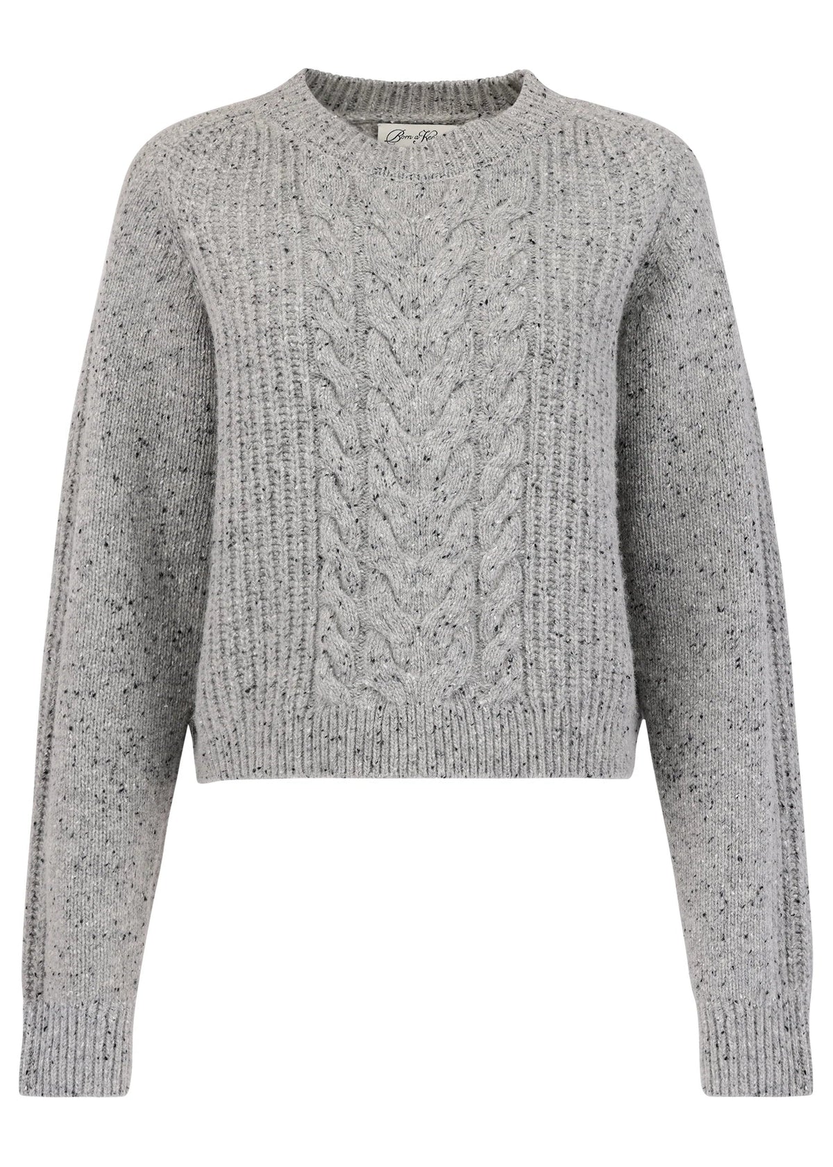 A light gray cable-knit crewneck sweater with a speckled texture, displayed on a clean white background.