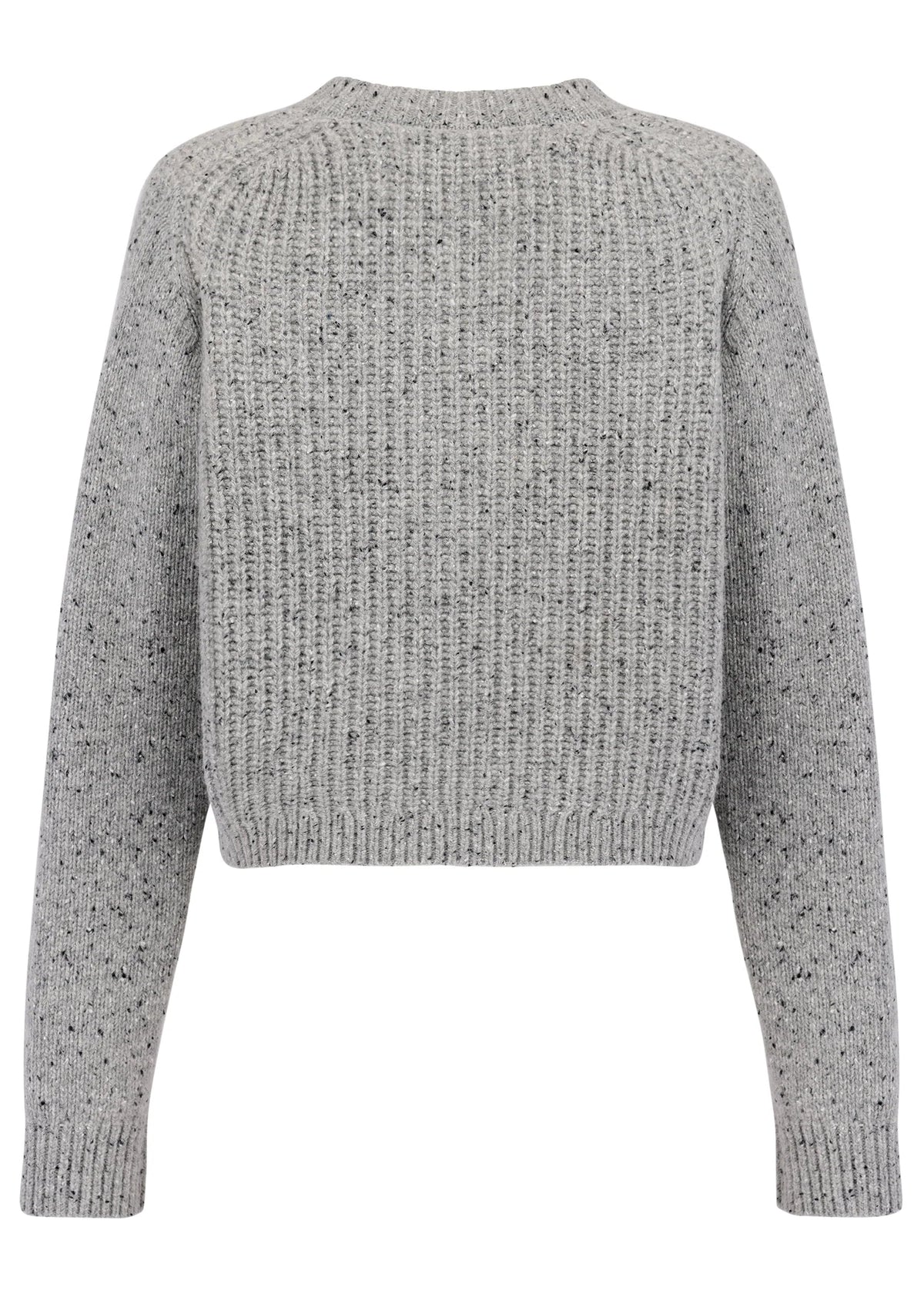 A light gray ribbed knit sweater with black and white flecks, shown from the back on a plain white background.