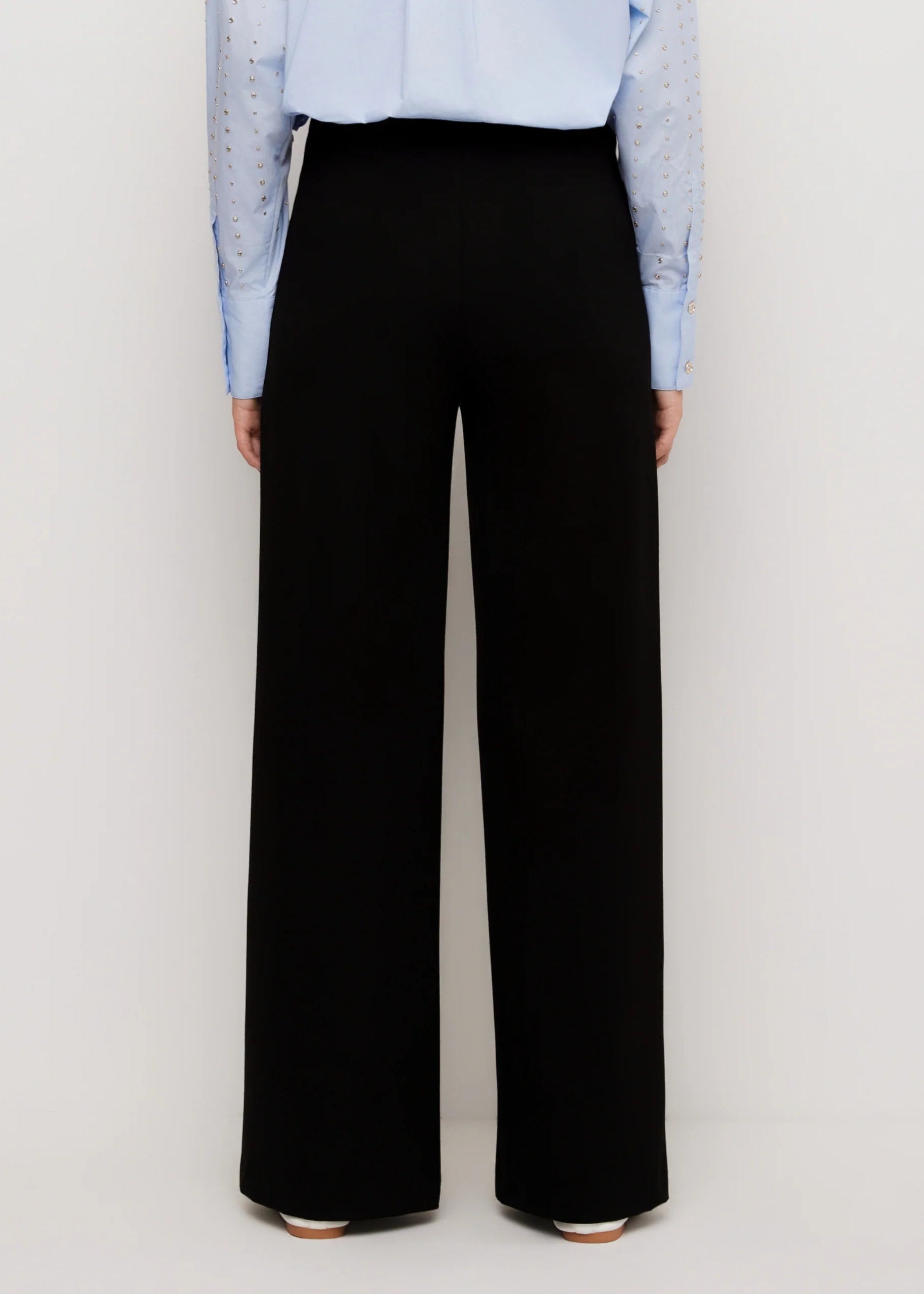 A model shown from the back wearing black wide-leg trousers and a light blue long-sleeve blouse with eyelet sleeves, against a plain light gray studio background.