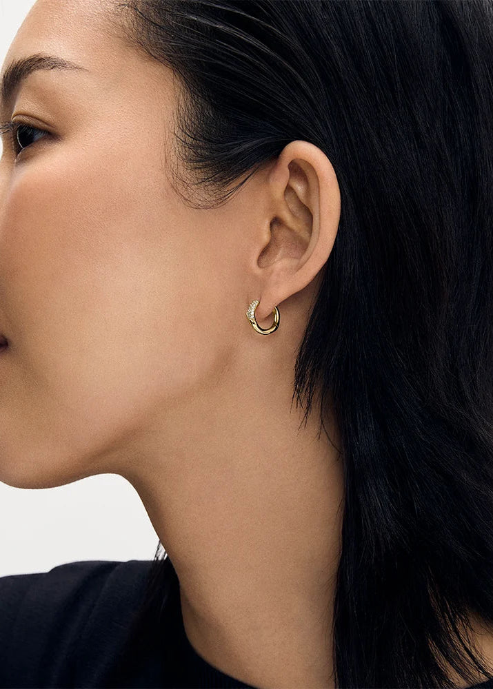 A close-up side profile of a woman with dark hair wearing a small gold crescent hoop earring with a clear gemstone on the earlobe, against a plain light background.