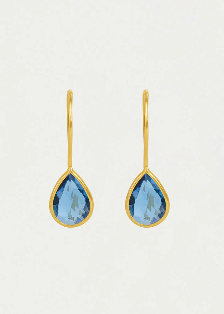 Gold earrings with blue teardrop-shaped gemstones on a light gray background
