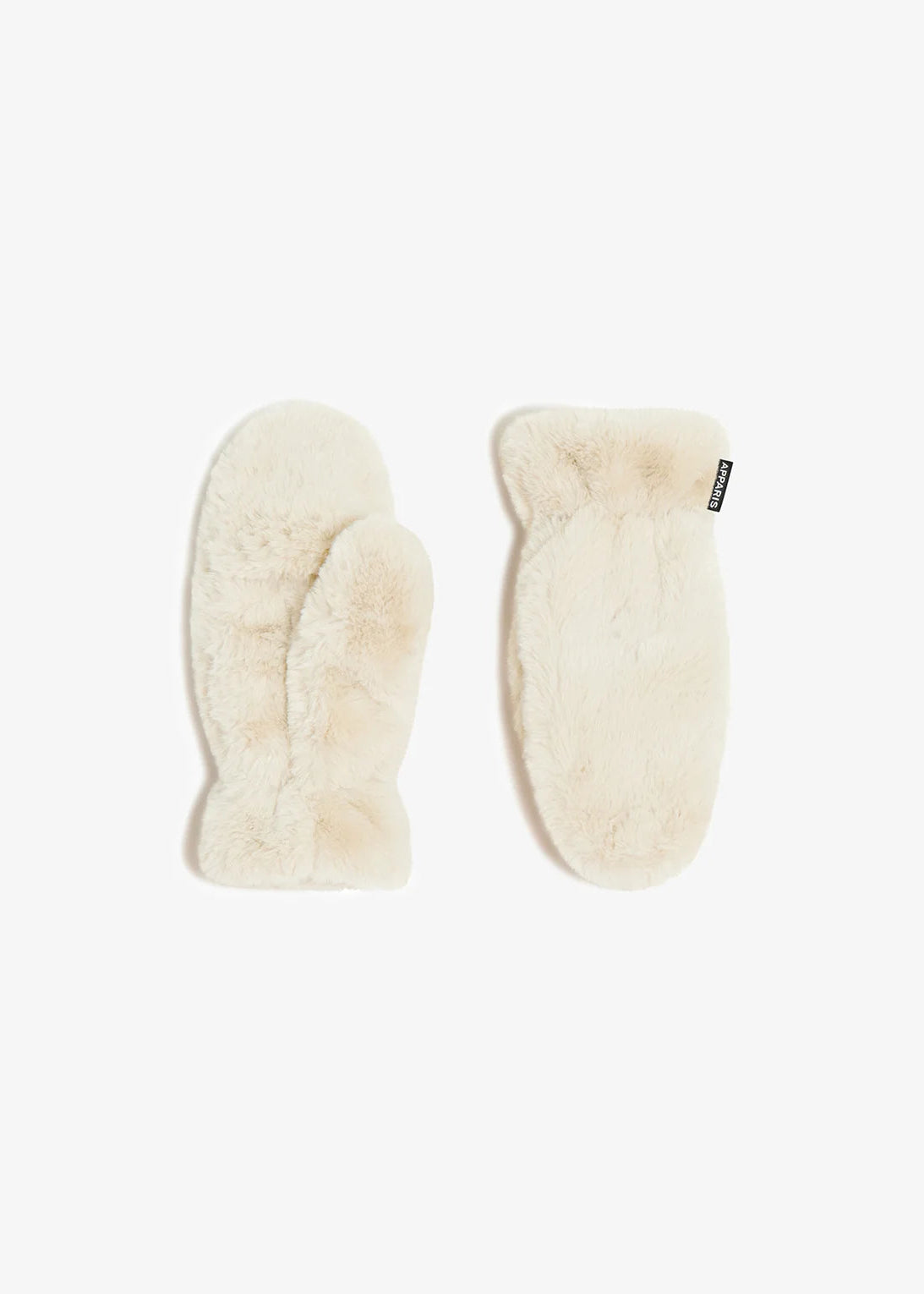 A pair of cream-colored faux fur mittens displayed flat against a solid white background.