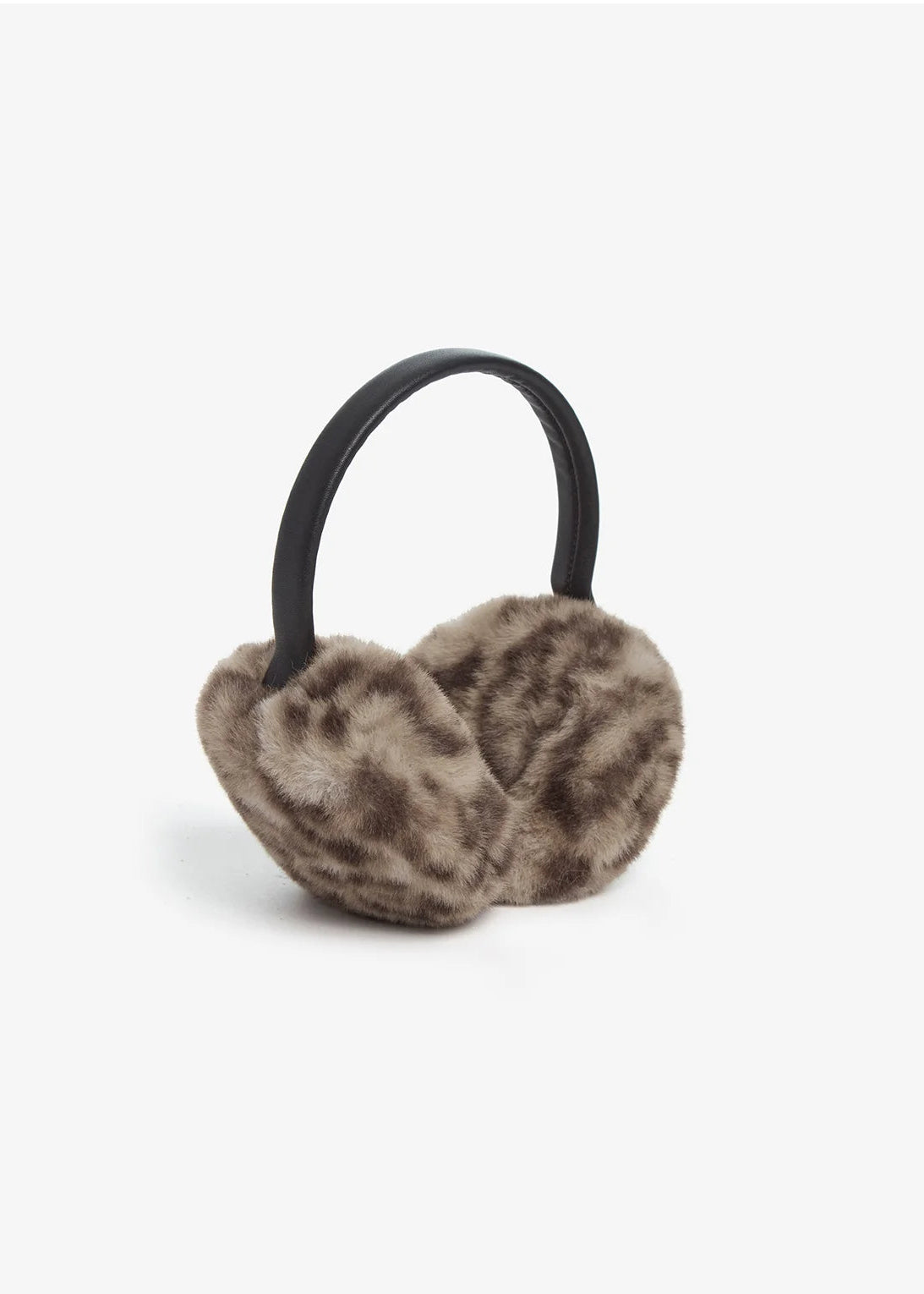 Brown and beige leopard-print faux fur earmuffs with a black headband, shown on a light gray background.