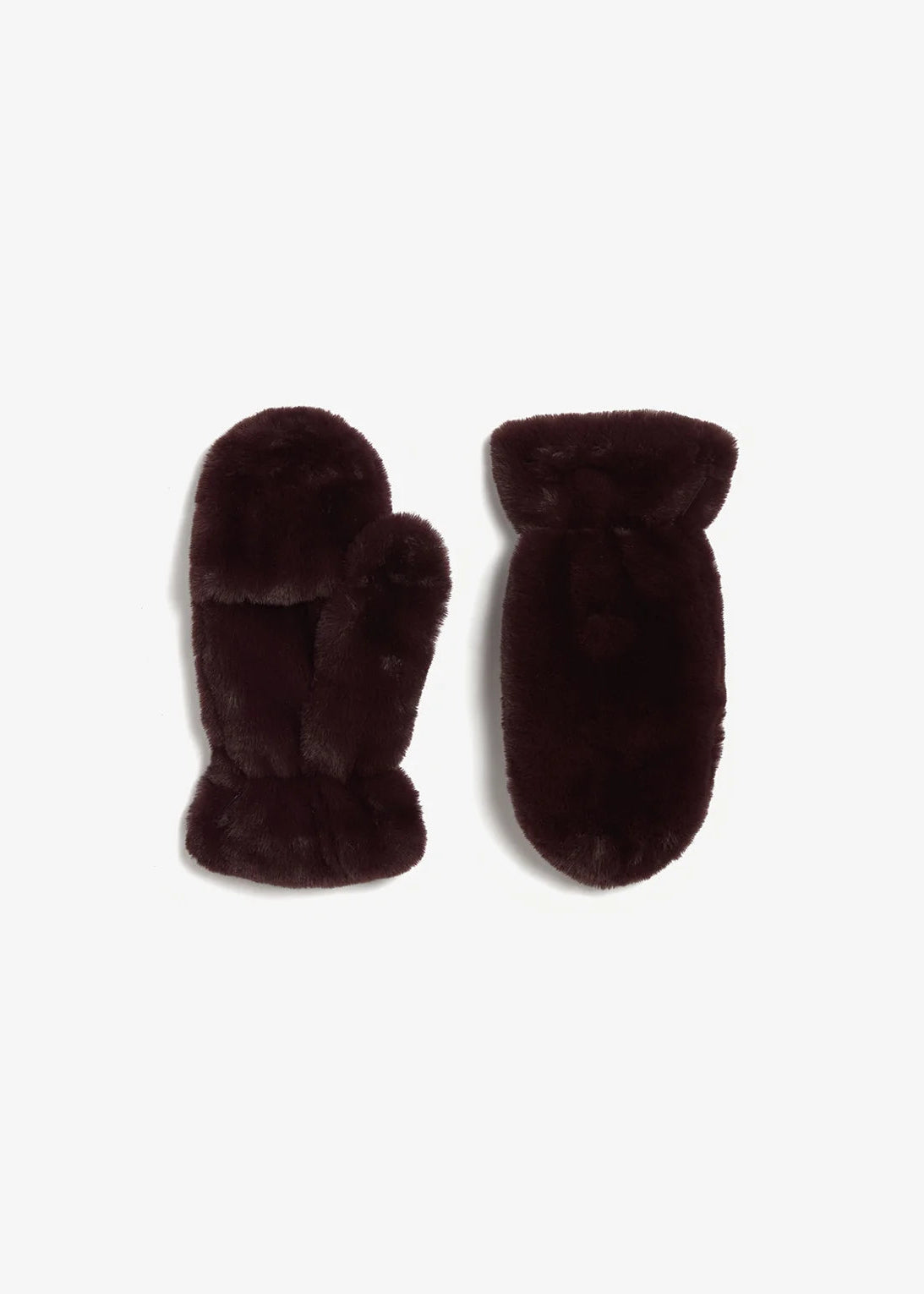 A pair of dark brown faux fur mittens shown flat against a light gray background.