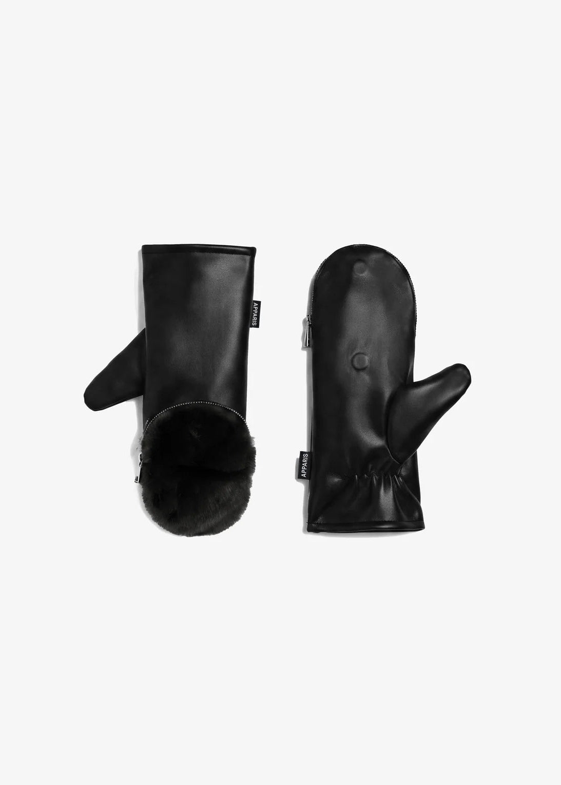 A pair of black leather winter mittens shown from top and side views against a plain white background.