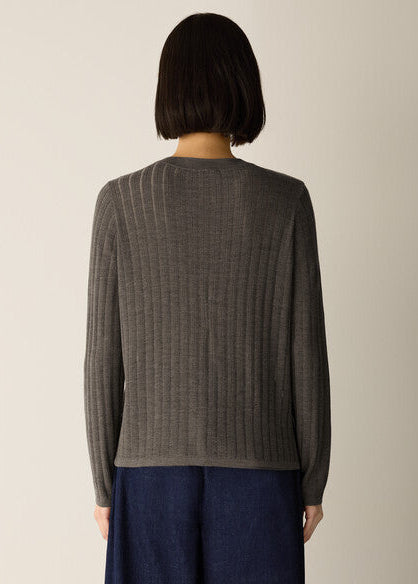 A person shown from the back wearing a dark gray ribbed knit sweater and dark blue pants against a plain light beige studio background.