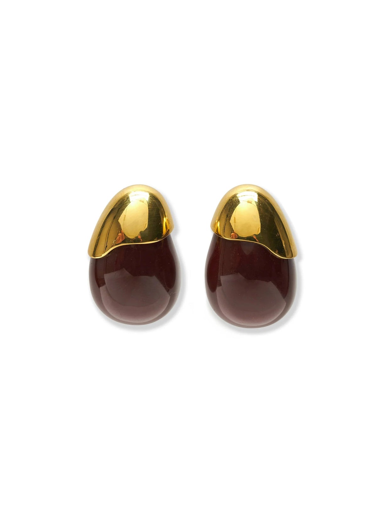 A pair of gold and dark brown teardrop-shaped stud earrings on a plain white background.