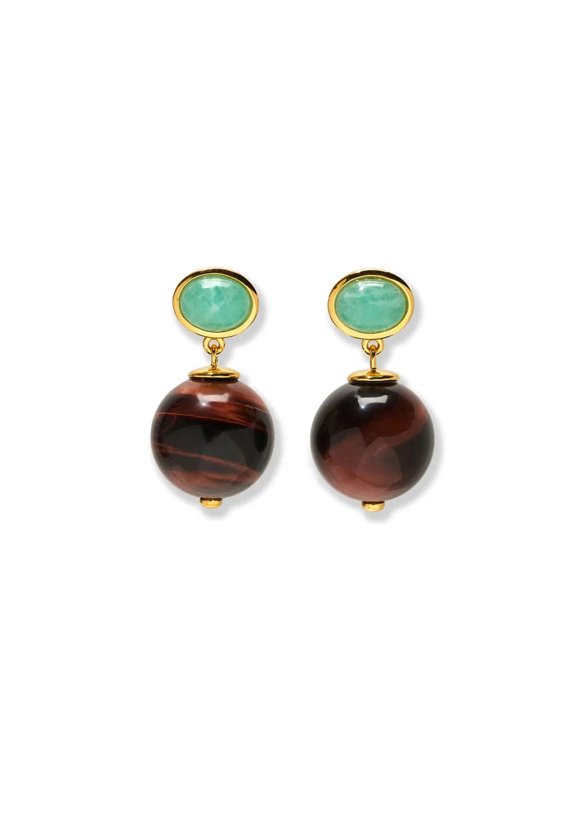 A pair of gold drop earrings featuring a round light green top stone and a larger round dark brown and black marbled bottom stone, shown on a plain white background.