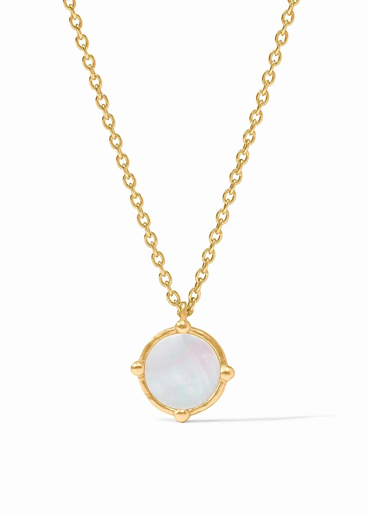 Gold necklace with a pendant featuring a light-colored stone on a white background