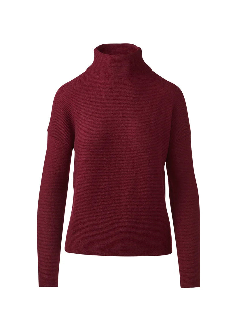 A ribbed knit long-sleeve turtleneck sweater in burgundy, displayed on a clean white background.