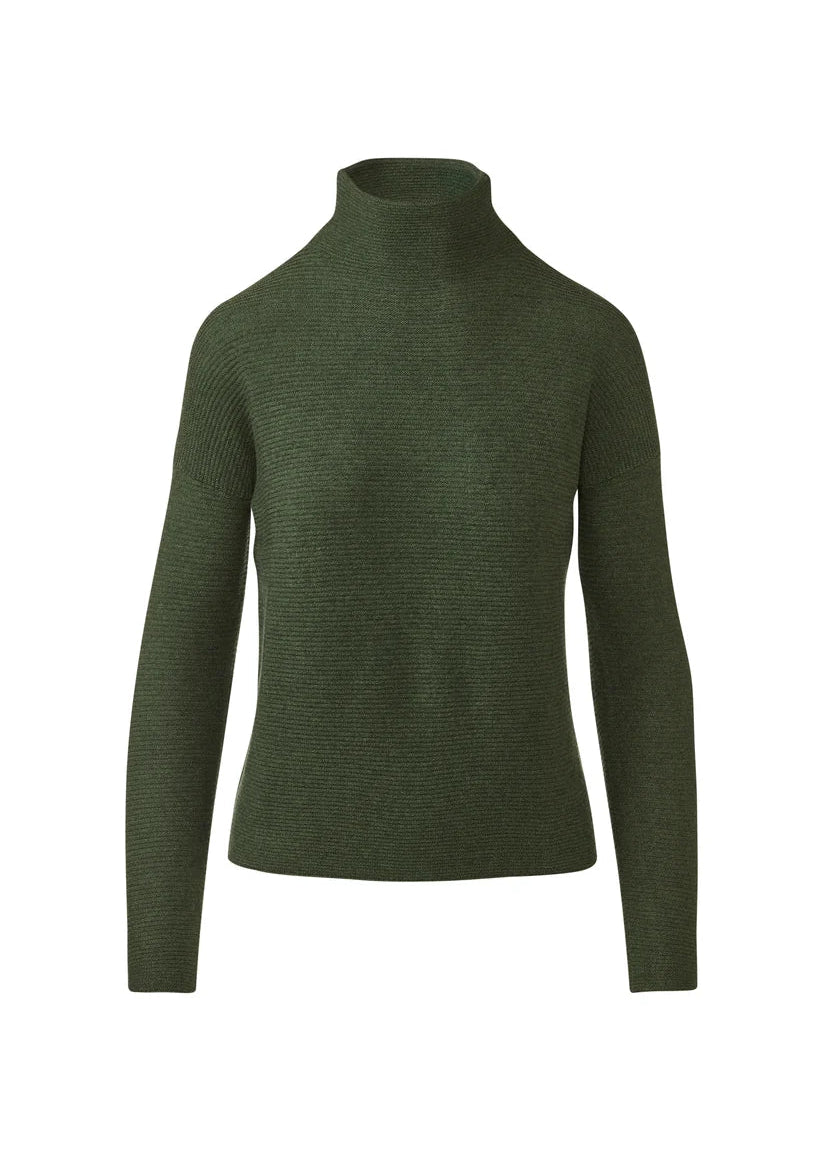An olive green ribbed knit mock neck sweater displayed on a ghost mannequin against a plain white background.