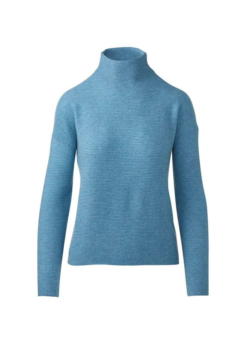 A light blue ribbed knit turtleneck sweater displayed on a clean white background.