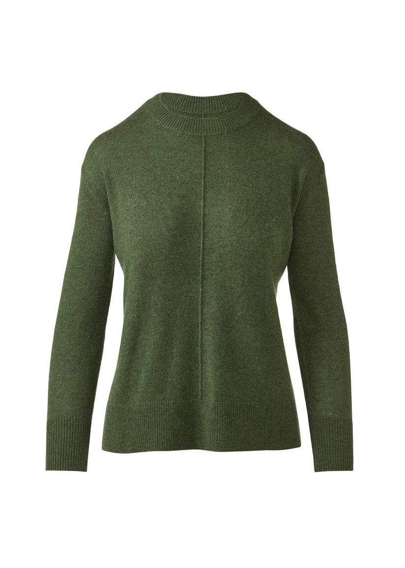 An olive green knit sweater with a mock neck and long sleeves, shown from the back on a plain white background.
