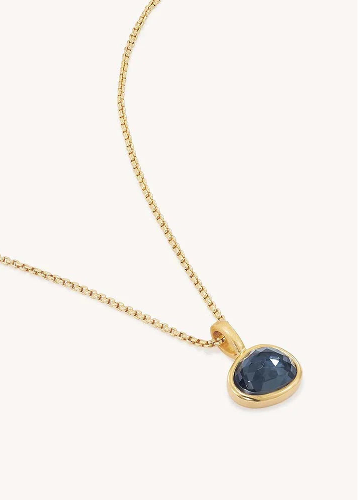 A delicate gold chain necklace with a small oval gold pendant holding a faceted dark blue gemstone, displayed on a clean off-white background.
