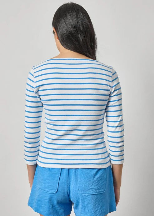 woman wearing blue and white striped shirt