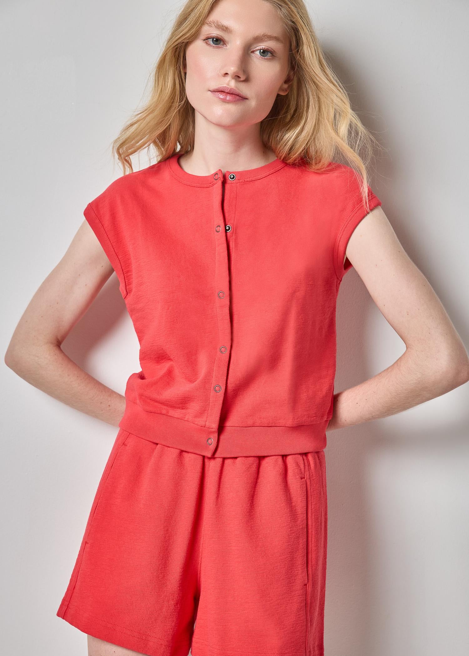 Textured Terry Sleeveless Cardigan - Zinnia