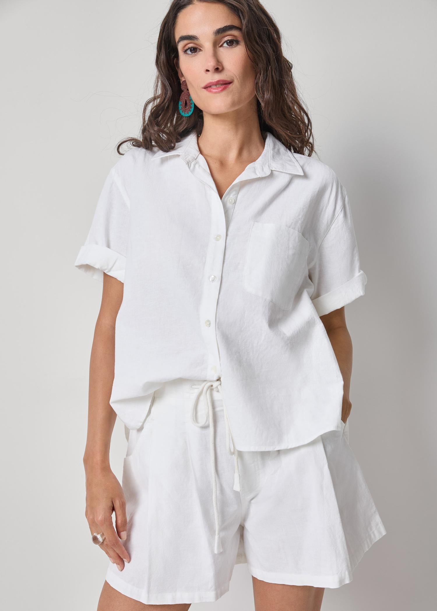 Linen Blend Boyfriend Button Down - White