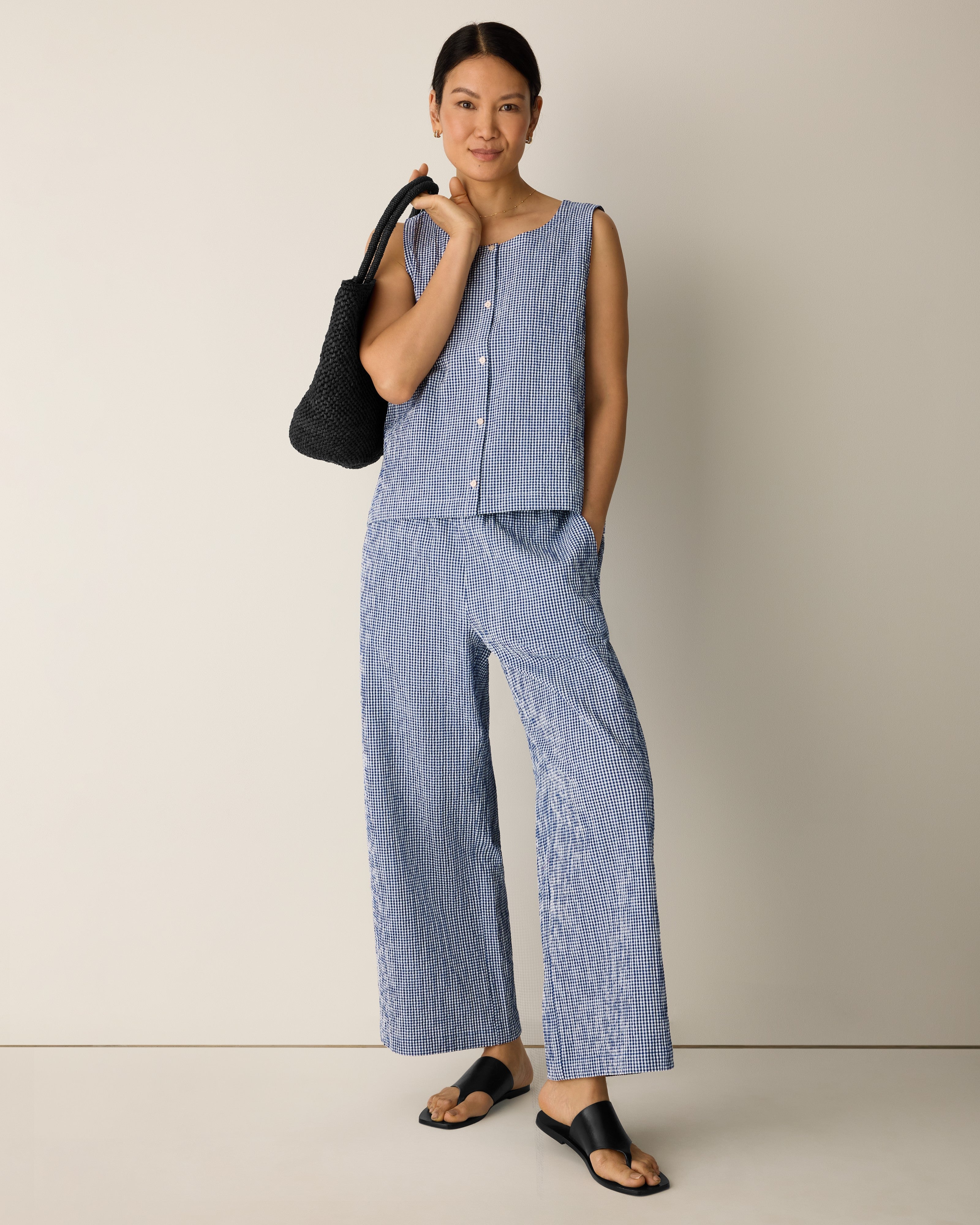Organic Cotton Pucker Check Wide-Leg Pant