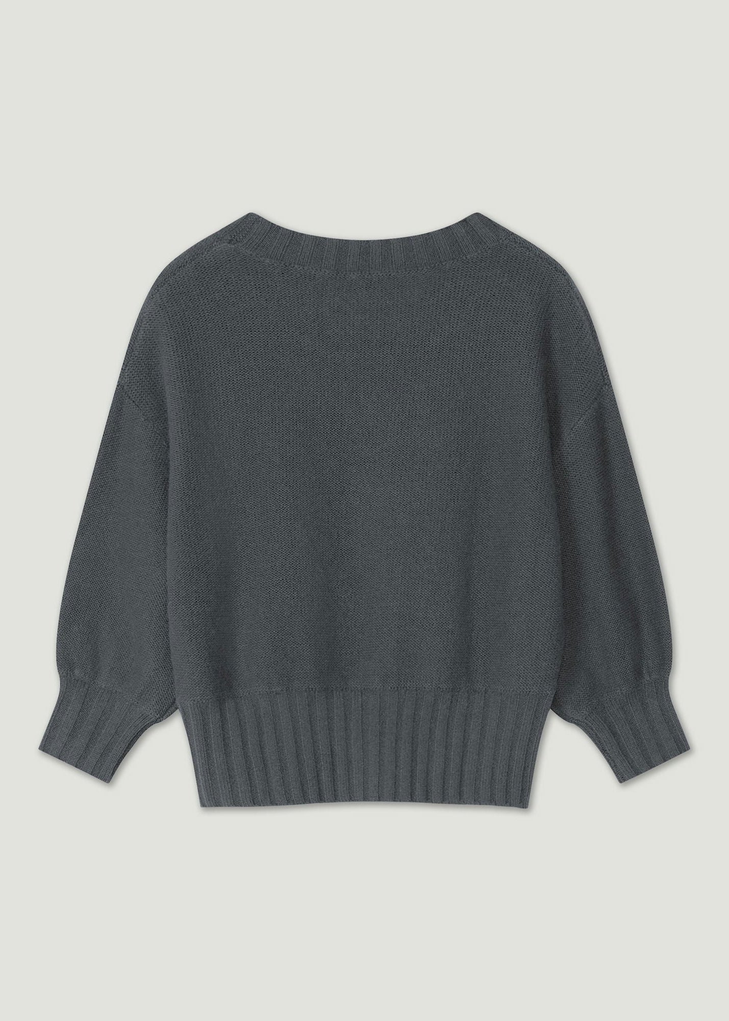 A dark gray knit sweater with balloon sleeves, ribbed crew neck, cuffs, and hem, shown from the back on a light gray background.