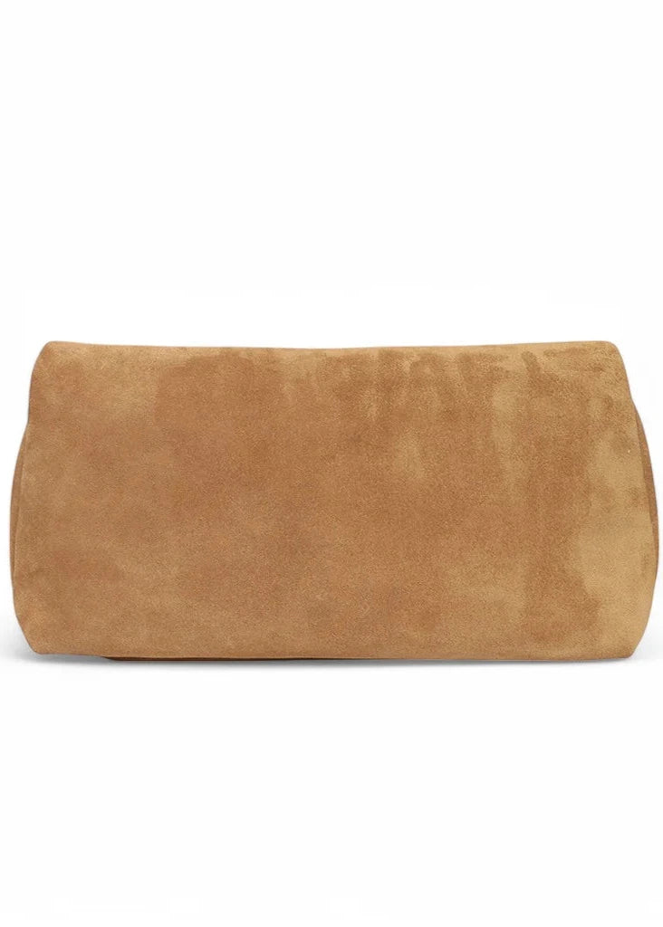 Brown suede clutch bag on a white background