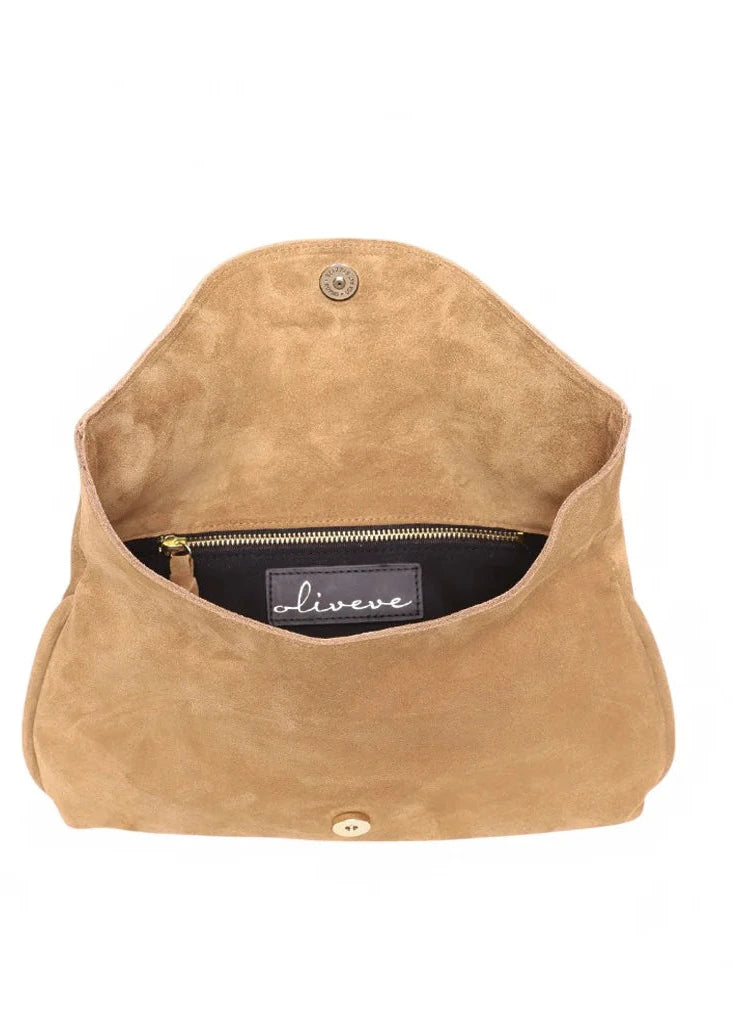 Brown suede handbag with 'oliveve' brand label on a white background