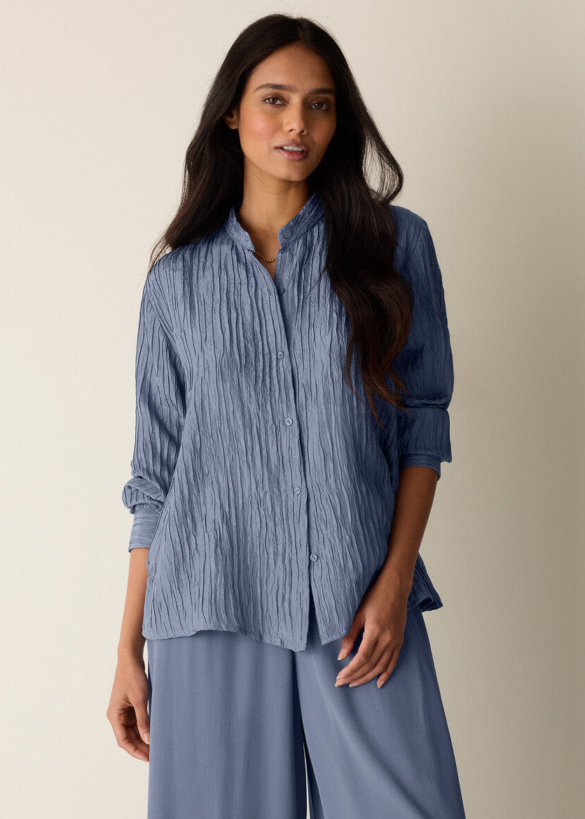Textured Silk Jacquard Band Collar Shirt