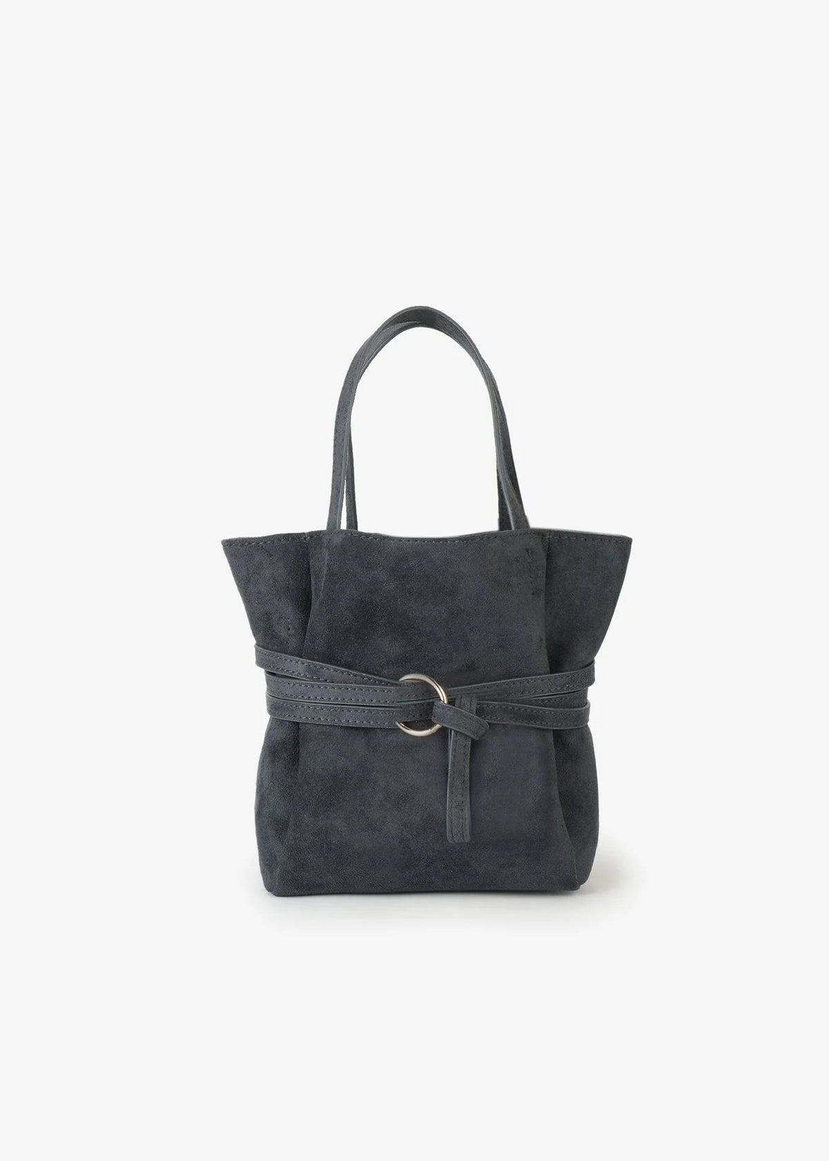 A dark gray suede tote bag with a matching fabric belt and a silver-tone metal ring buckle, shown against a plain white background.