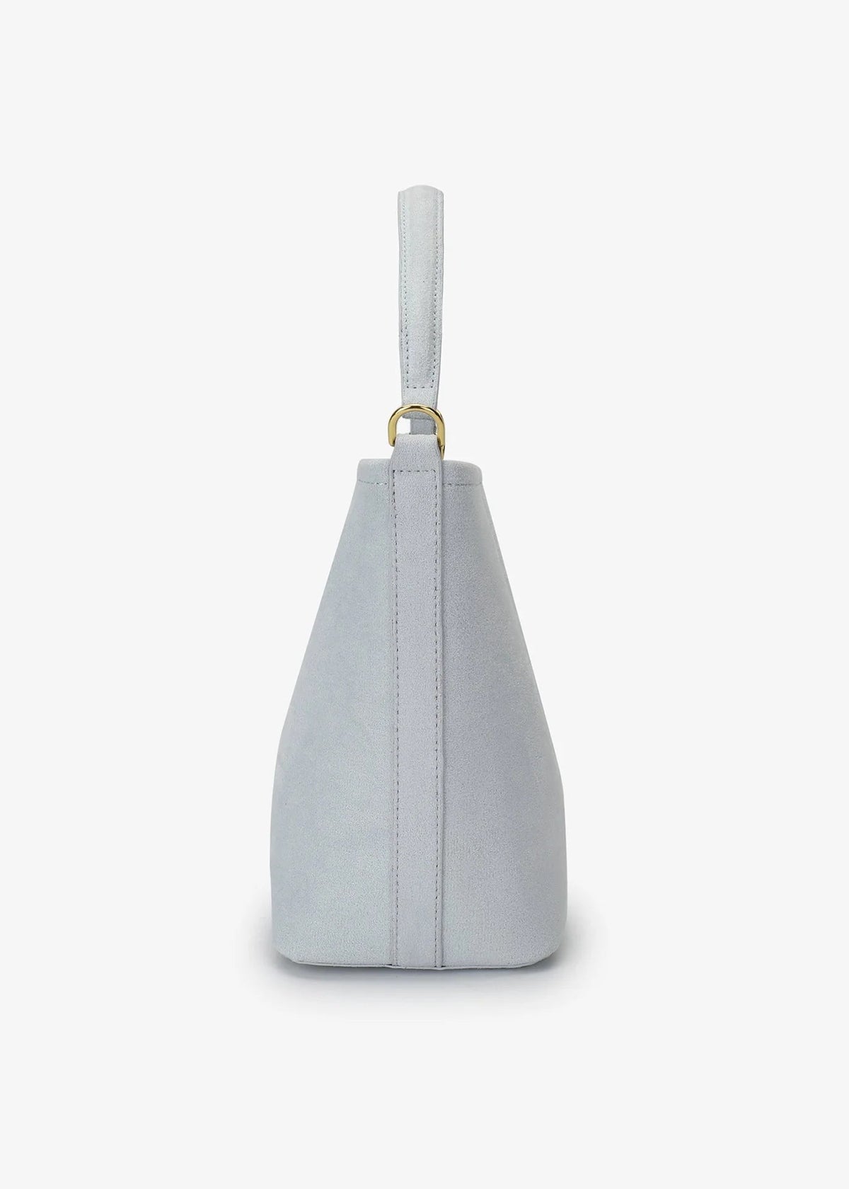A light gray leather handbag with a structured teardrop silhouette, a top handle, and a small gold-tone ring detail, shown against a plain white background.