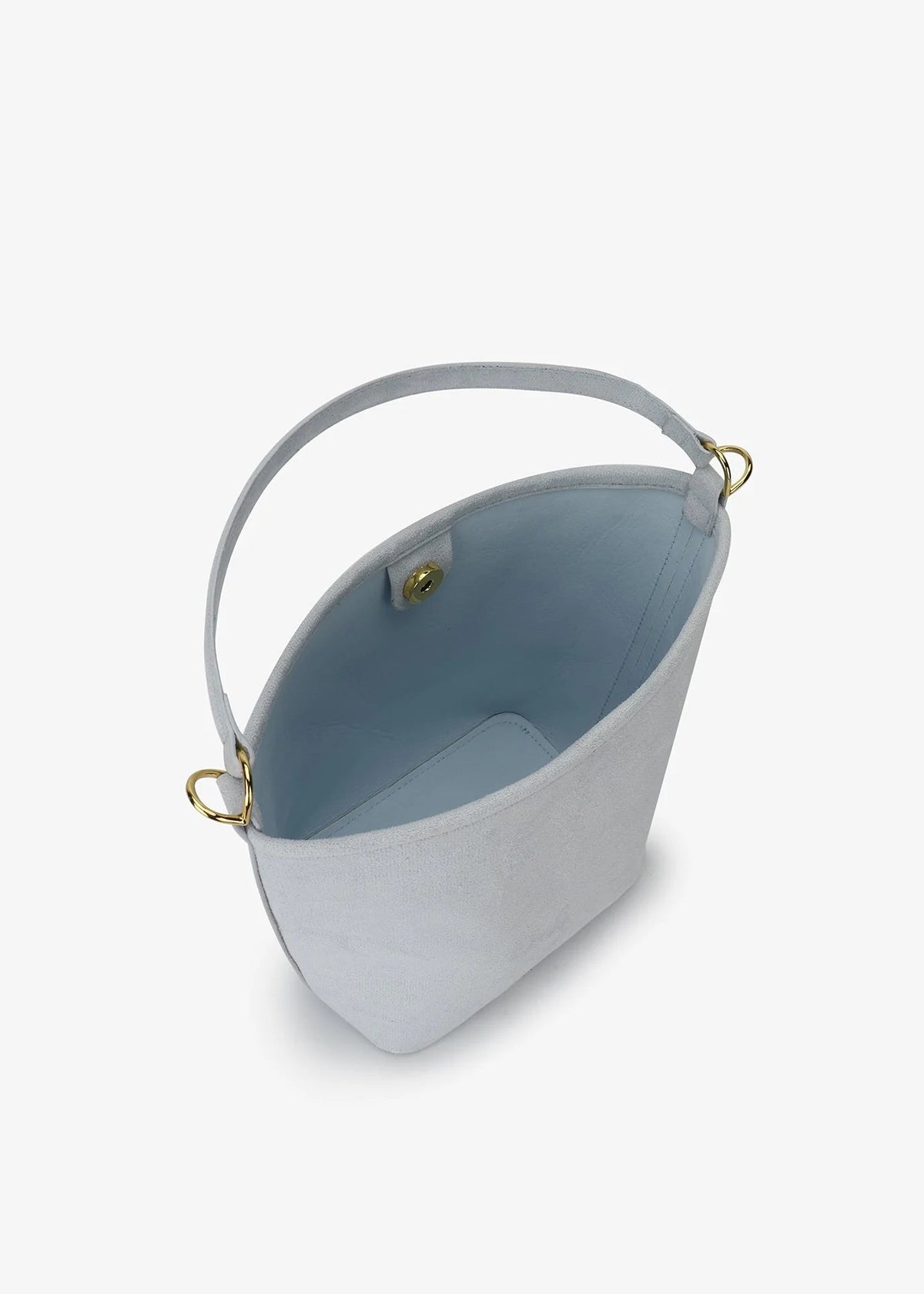 Handbag with a light blue interior on a white background