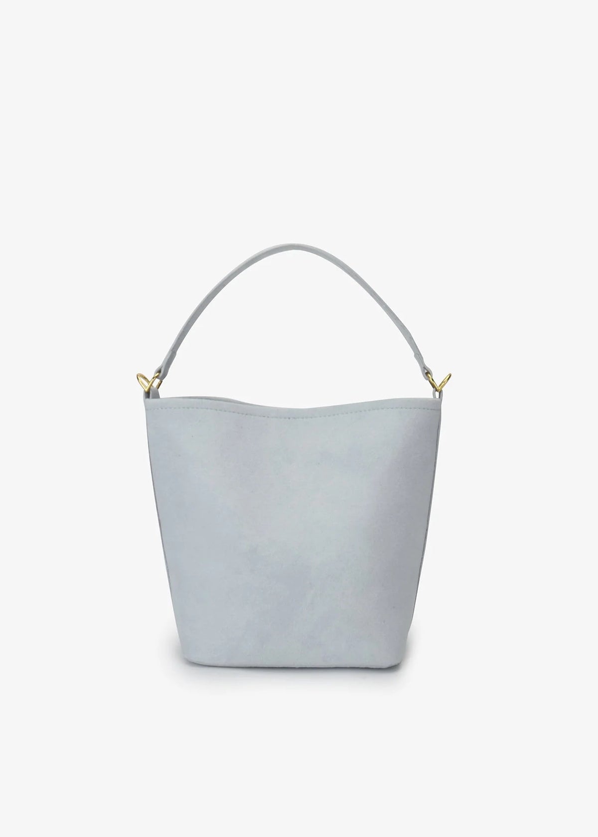 Light blue handbag with gold handle on a white background
