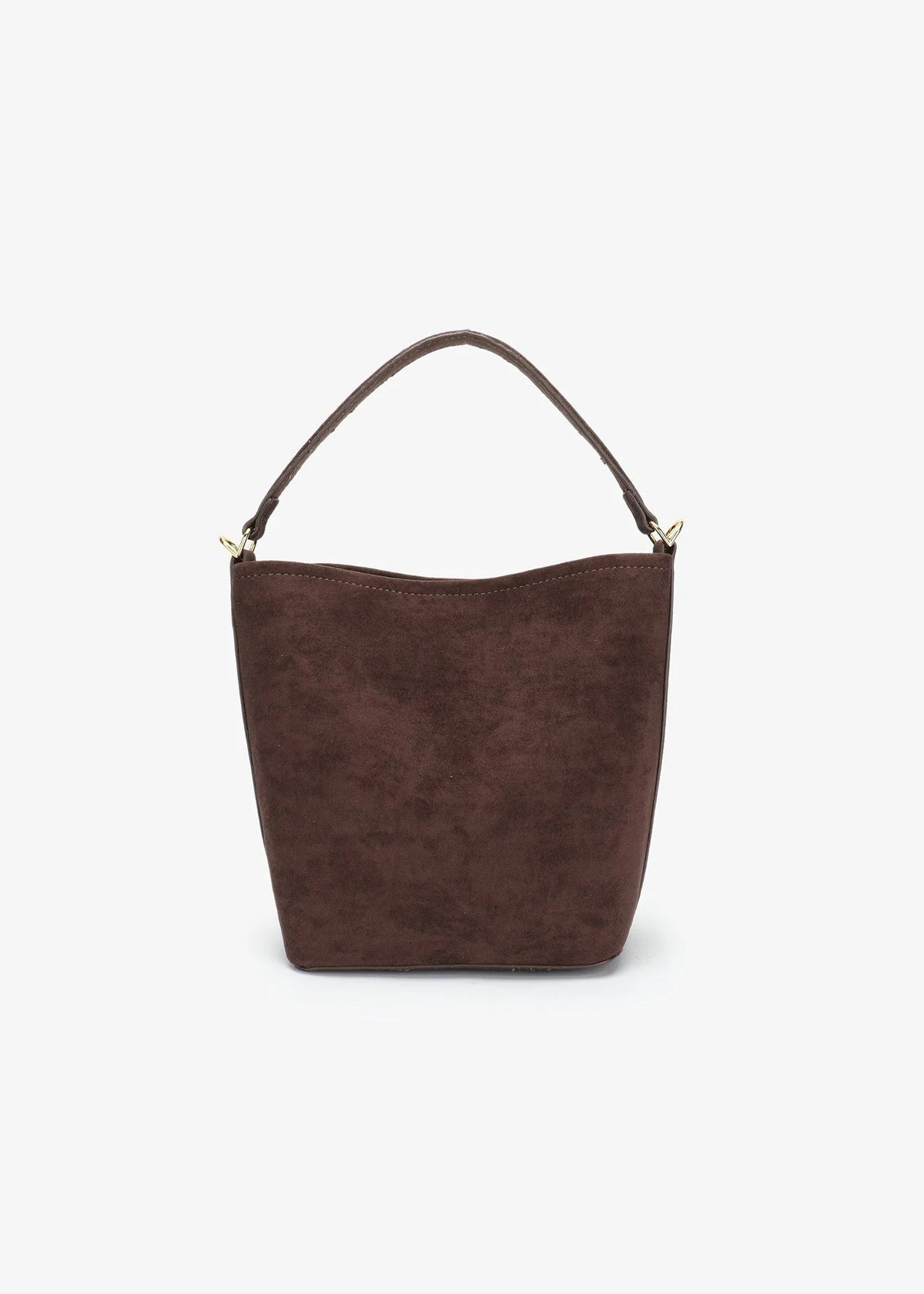 A dark brown suede bucket bag with a single shoulder strap and gold-tone hardware, shown against a plain white background.
