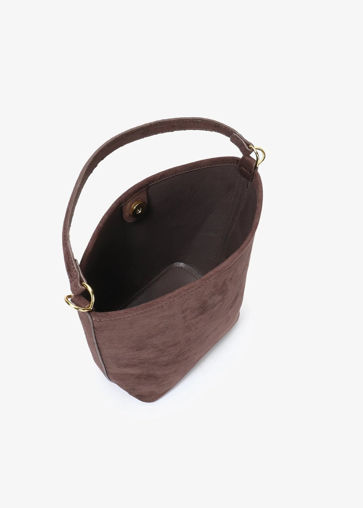 Brown handbag with gold accents on a white background