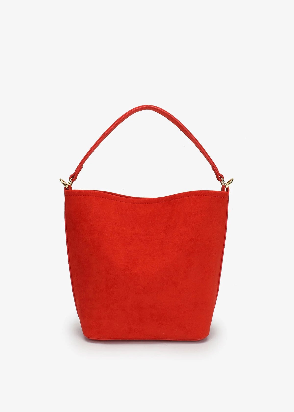 A bright red suede bucket bag with a single top handle and small gold-tone hardware, shown against a plain white background.