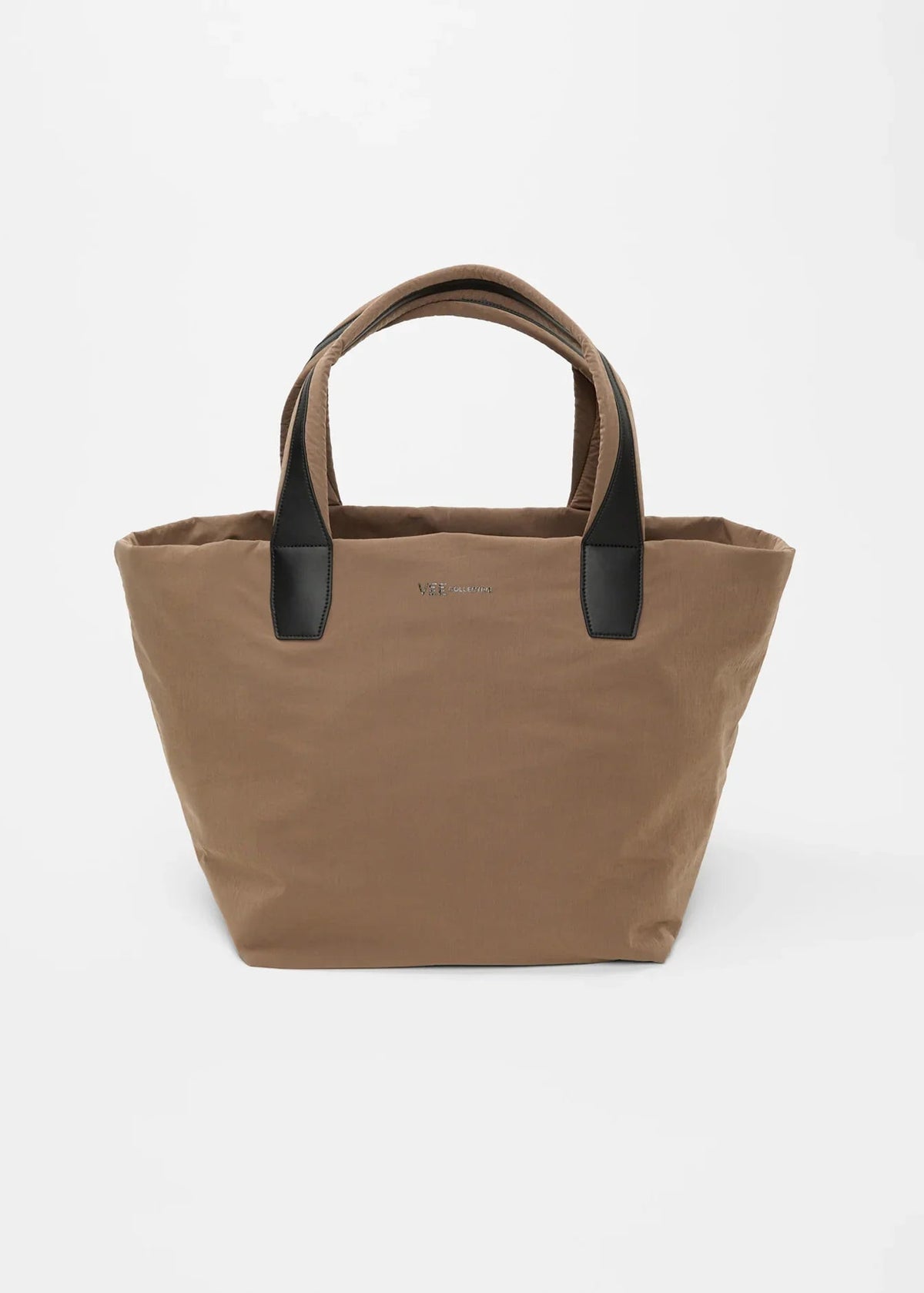 Brown tote bag with black handles on a white background