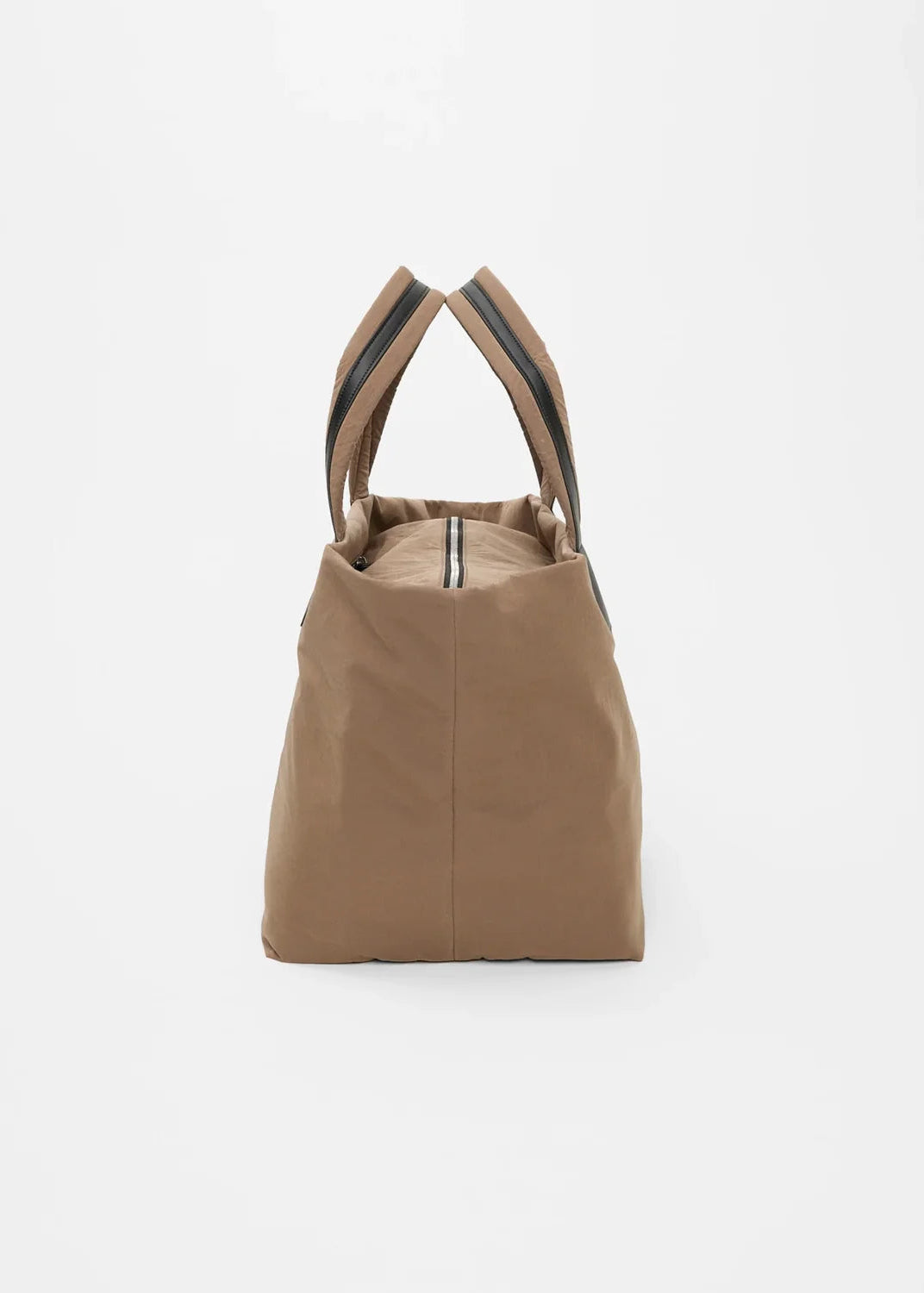 A tan canvas tote bag with dark gray striped handles, shown from the front on a light gray background.