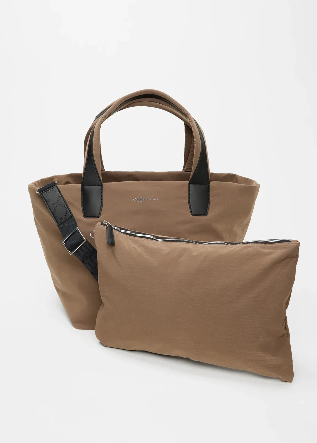 Brown tote bag with black accents on a white background