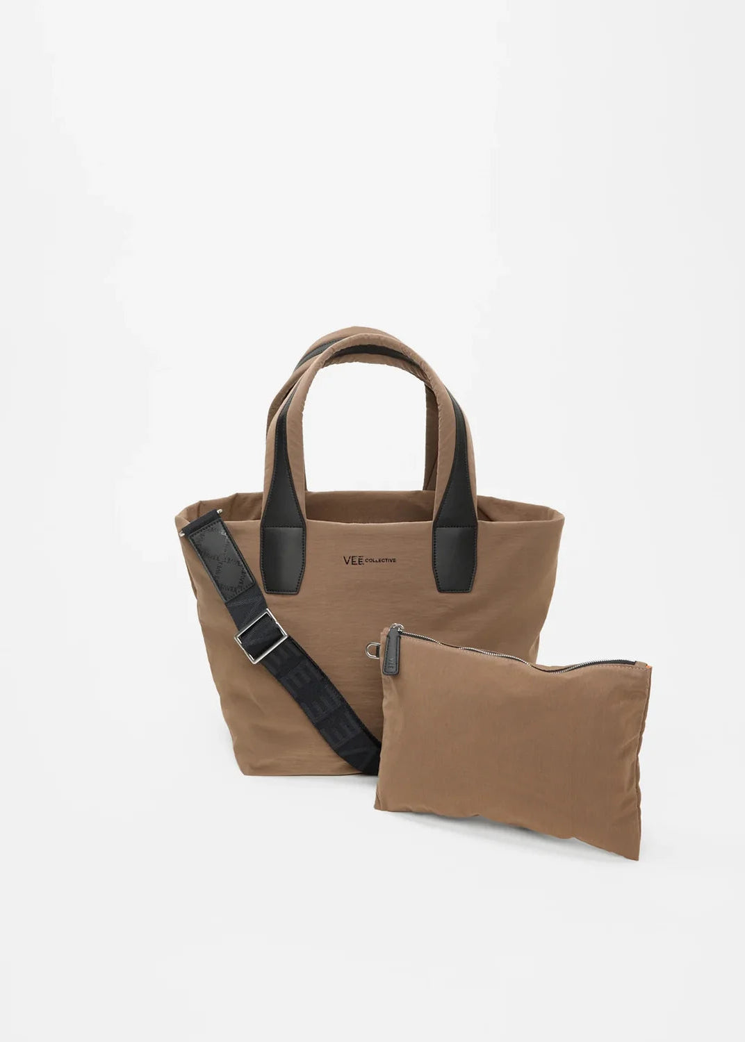 Brown tote bag with black strap and matching pouch on a white background