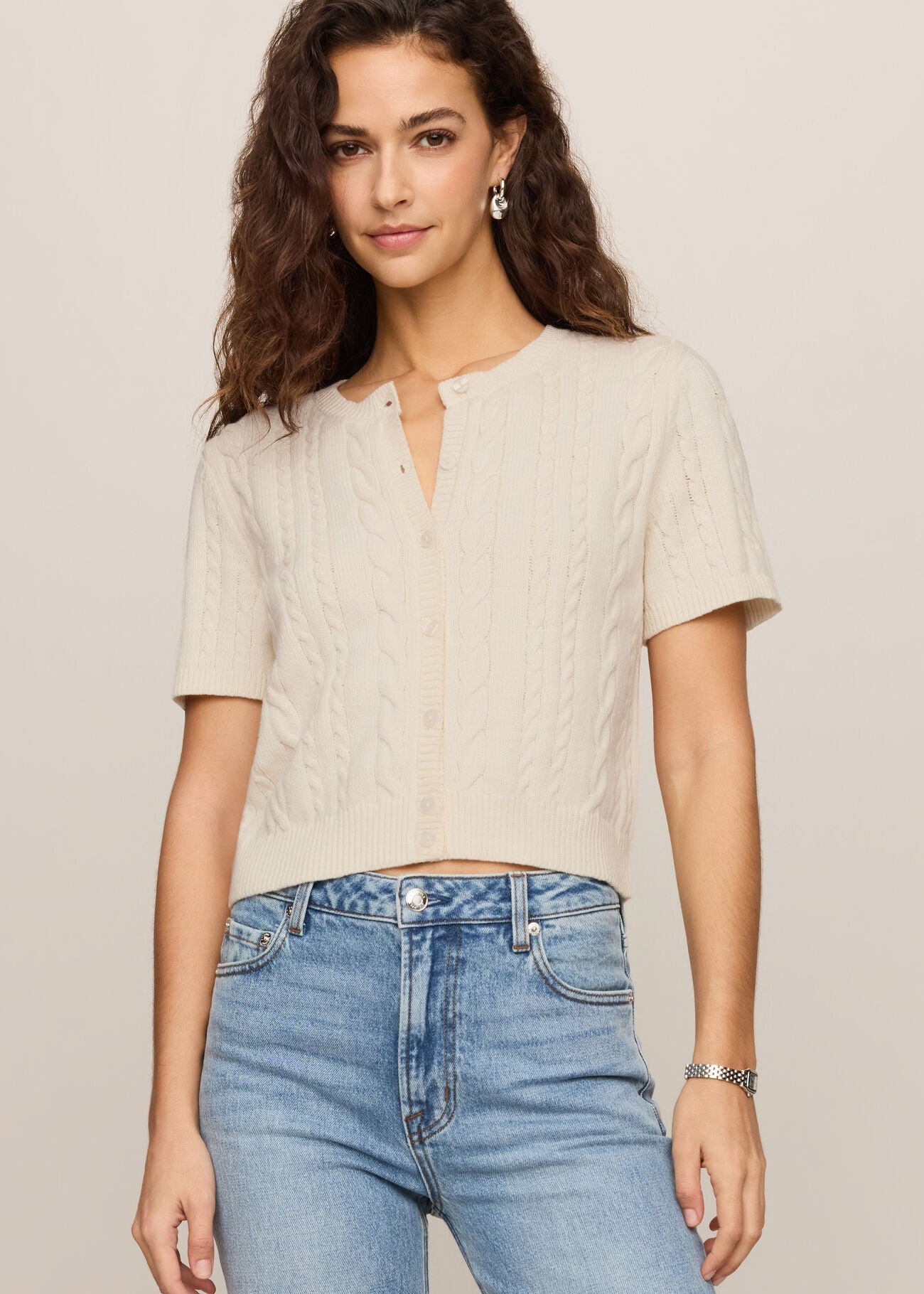 Woman in white short sleeve shirt