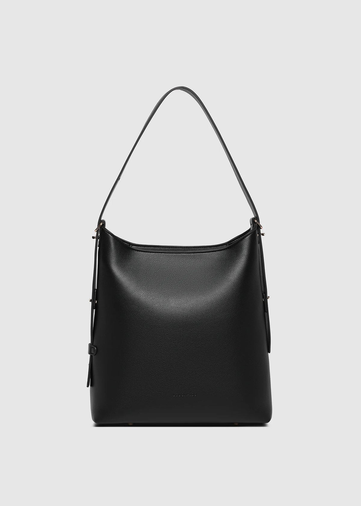 Black handbag on a light gray background