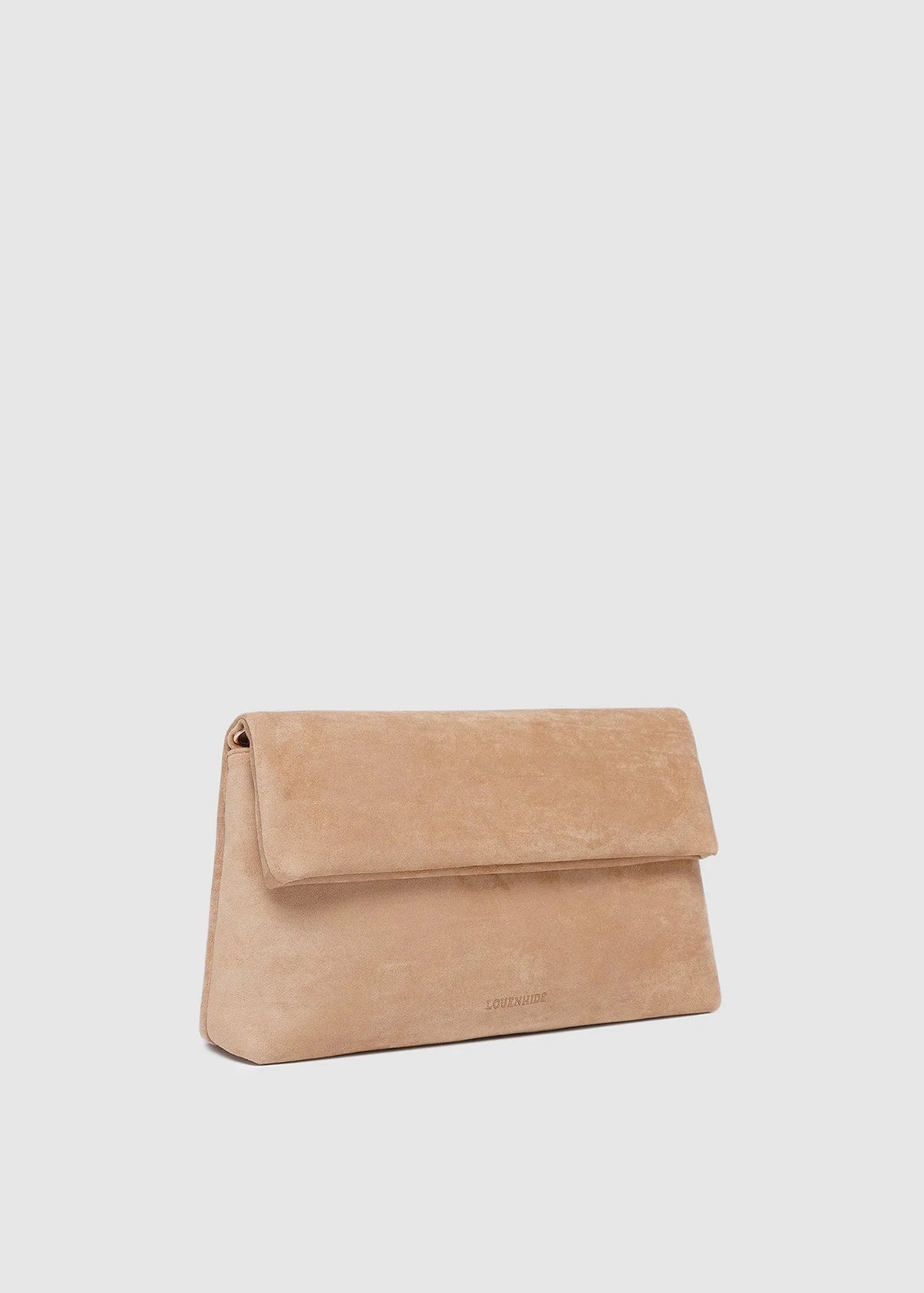 A light beige suede envelope clutch bag with a small debossed logo on the front, set against a solid light gray background.