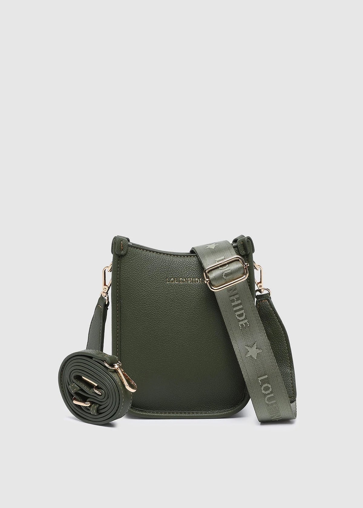 Green handbag with a strap on a light gray background