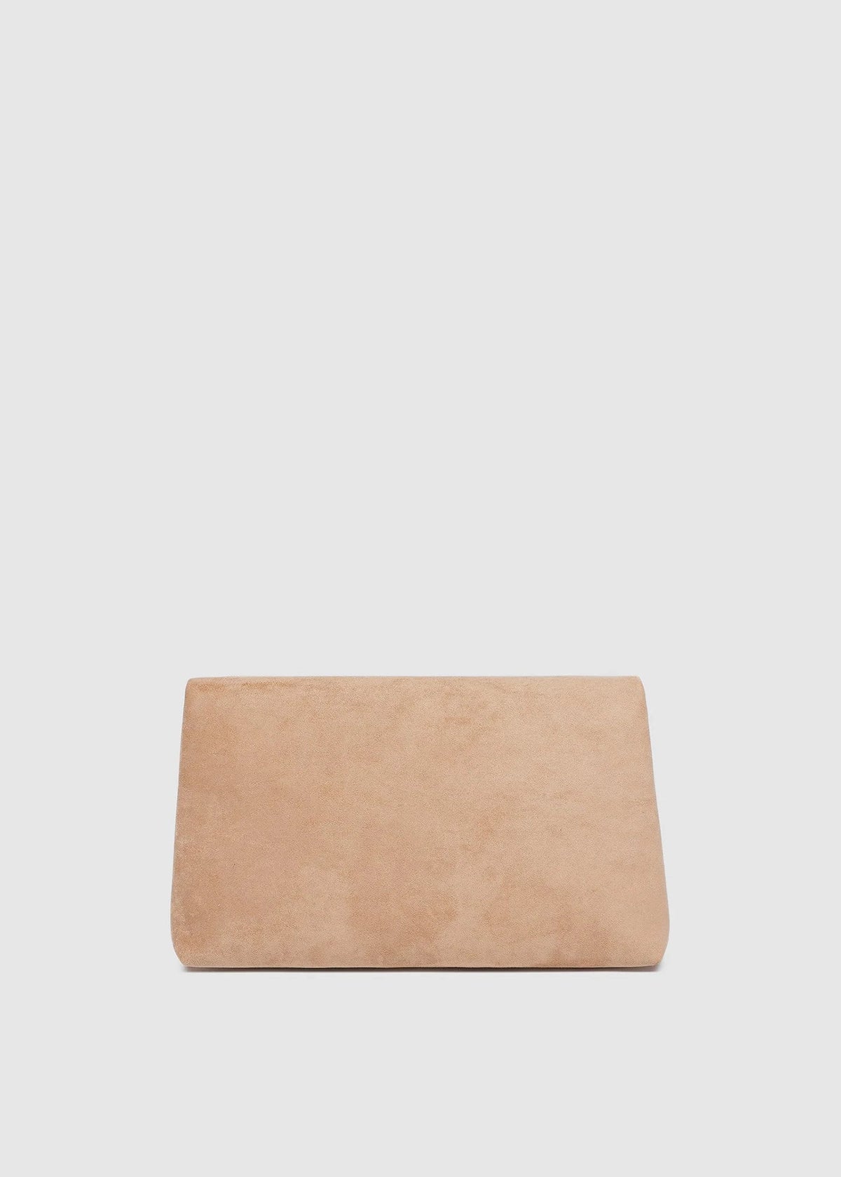 A minimalist, rectangular clutch bag in a light tan suede or nubuck material, positioned centrally against a solid light gray background.