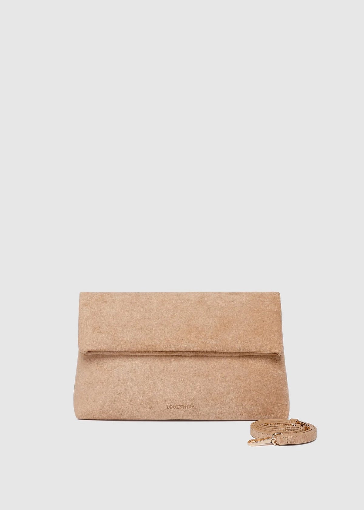 Beige clutch bag with a strap on a light gray background