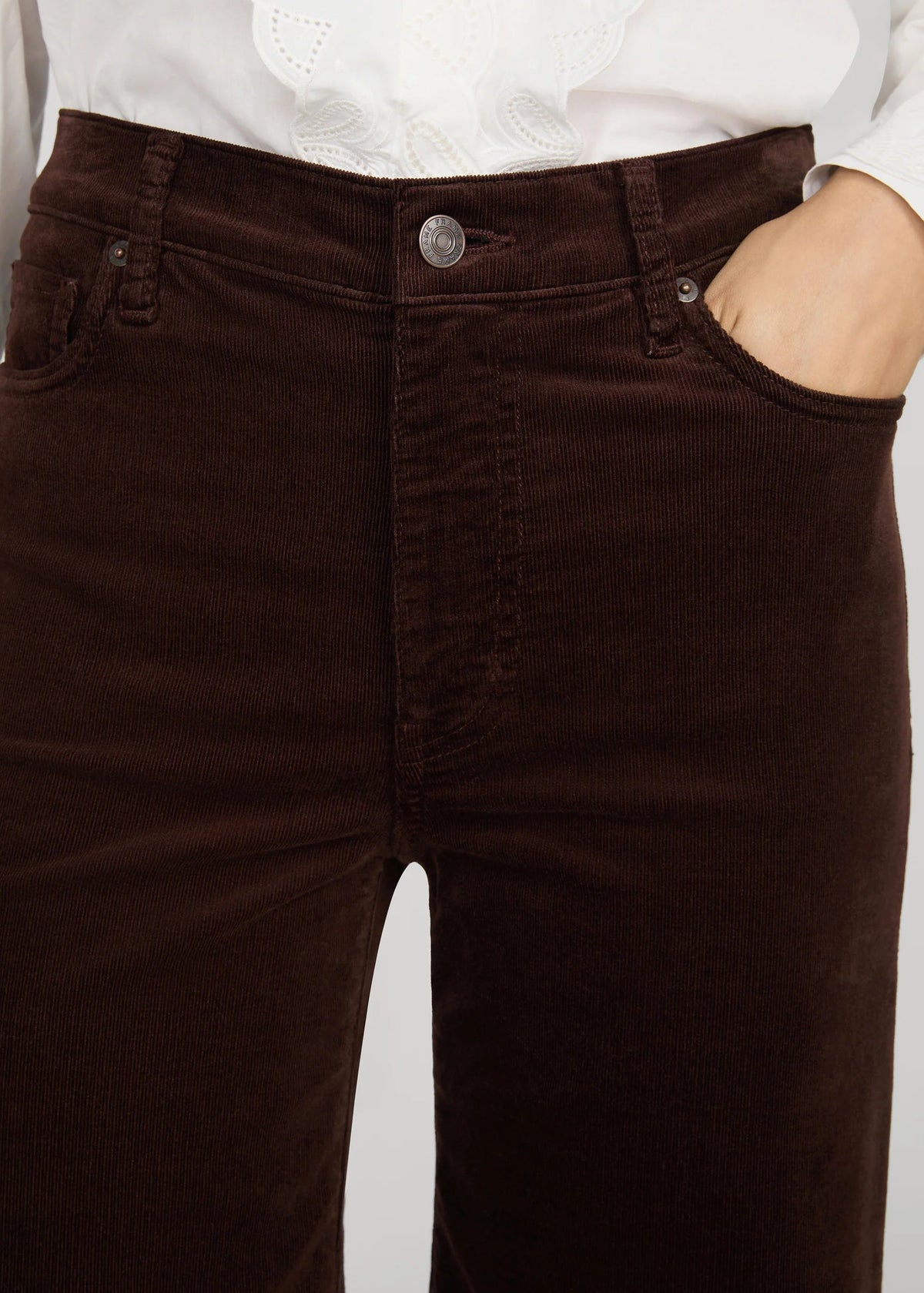 Close-up of a person wearing dark brown corduroy pants with a white blouse tucked in, showing the front waistband, button, pockets, and hand in the side pocket.