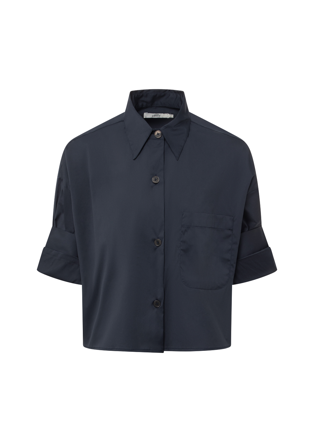 A dark navy blue short-sleeve button-up shirt with a pointed collar, dark buttons, and a single chest pocket, shown against a plain white background.