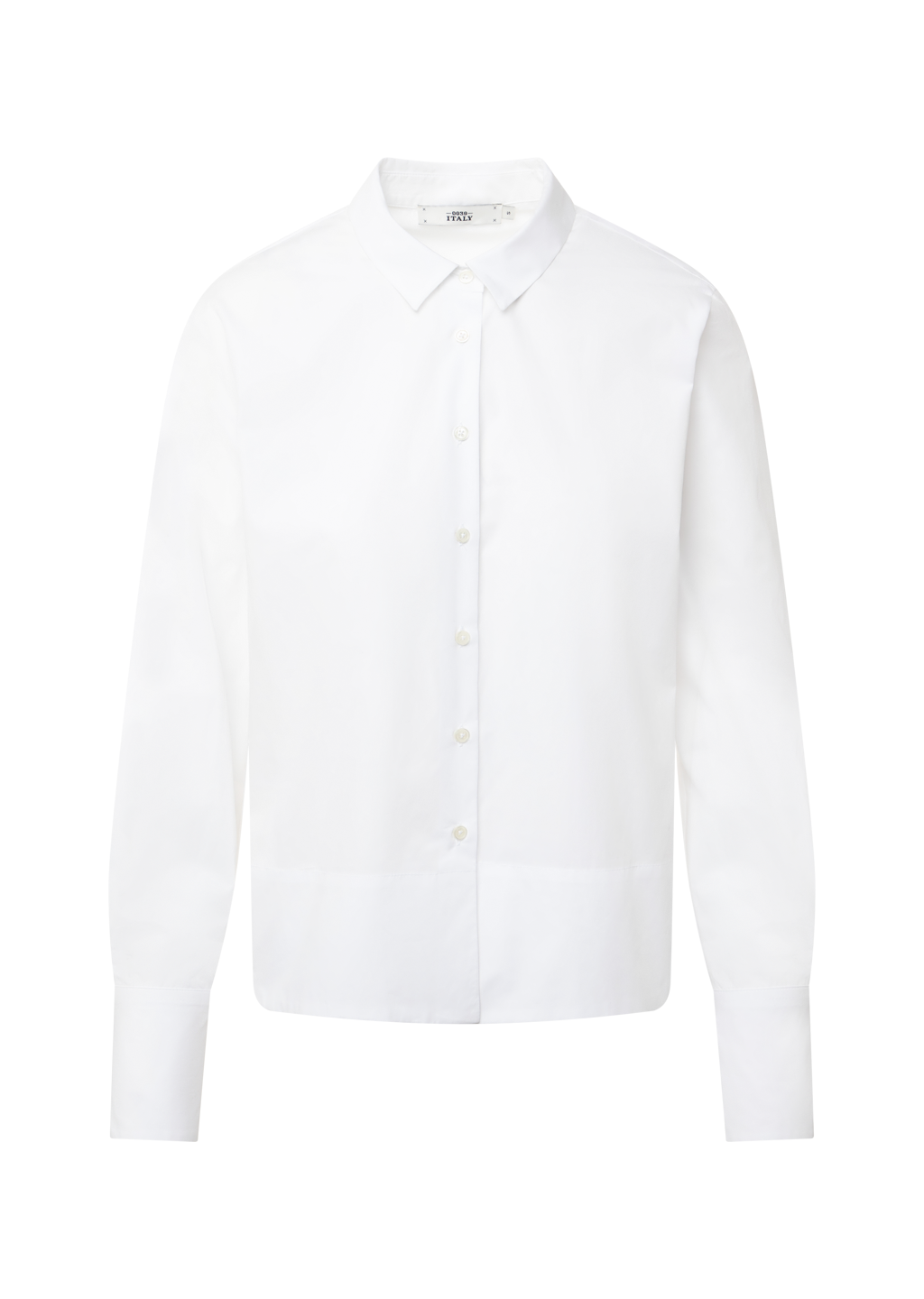 A white long-sleeve button-down shirt with a classic pointed collar and a button-down front, shown on a plain white background.