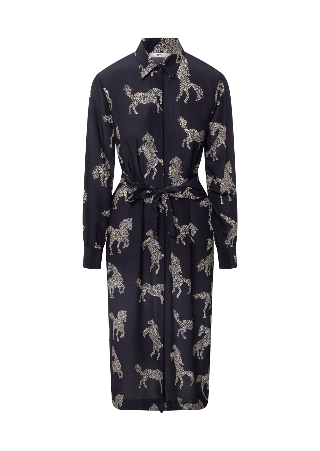 A long-sleeve midi shirt dress in navy blue with an allover beige horse pattern, featuring a matching tie belt at the waist, shown on a plain white background.